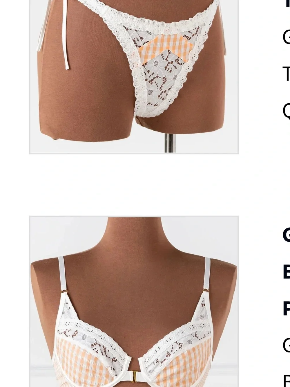 Mentionables White & Peach Gingham Lace Trim Bra and Thong Set